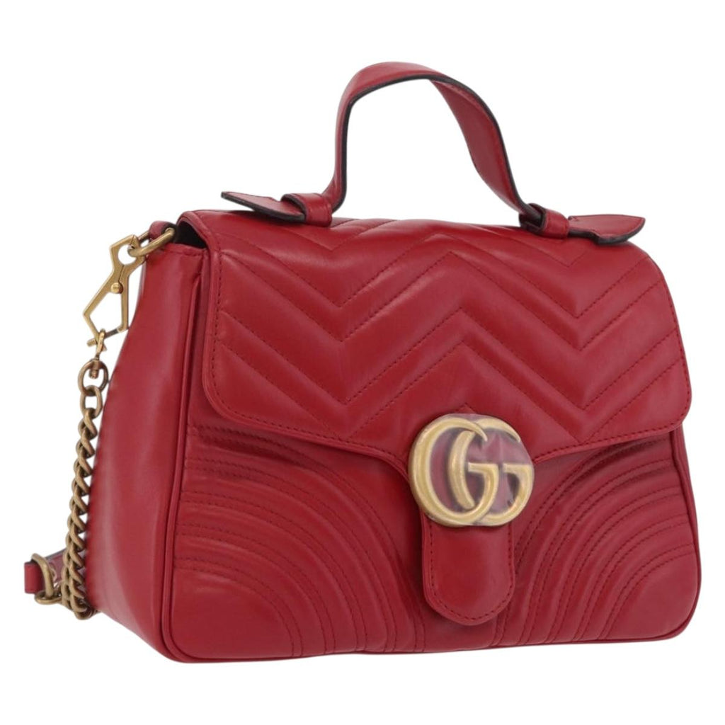 GUCCI GG Marmont Hand Bag Leather 2way Red Gold Tone 498110 Auth ep16711V