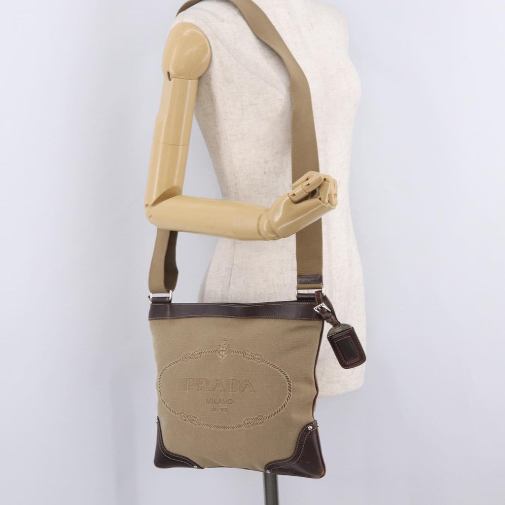 PRADA Shoulder Bag Canvas Beige Silver Auth ep16765
