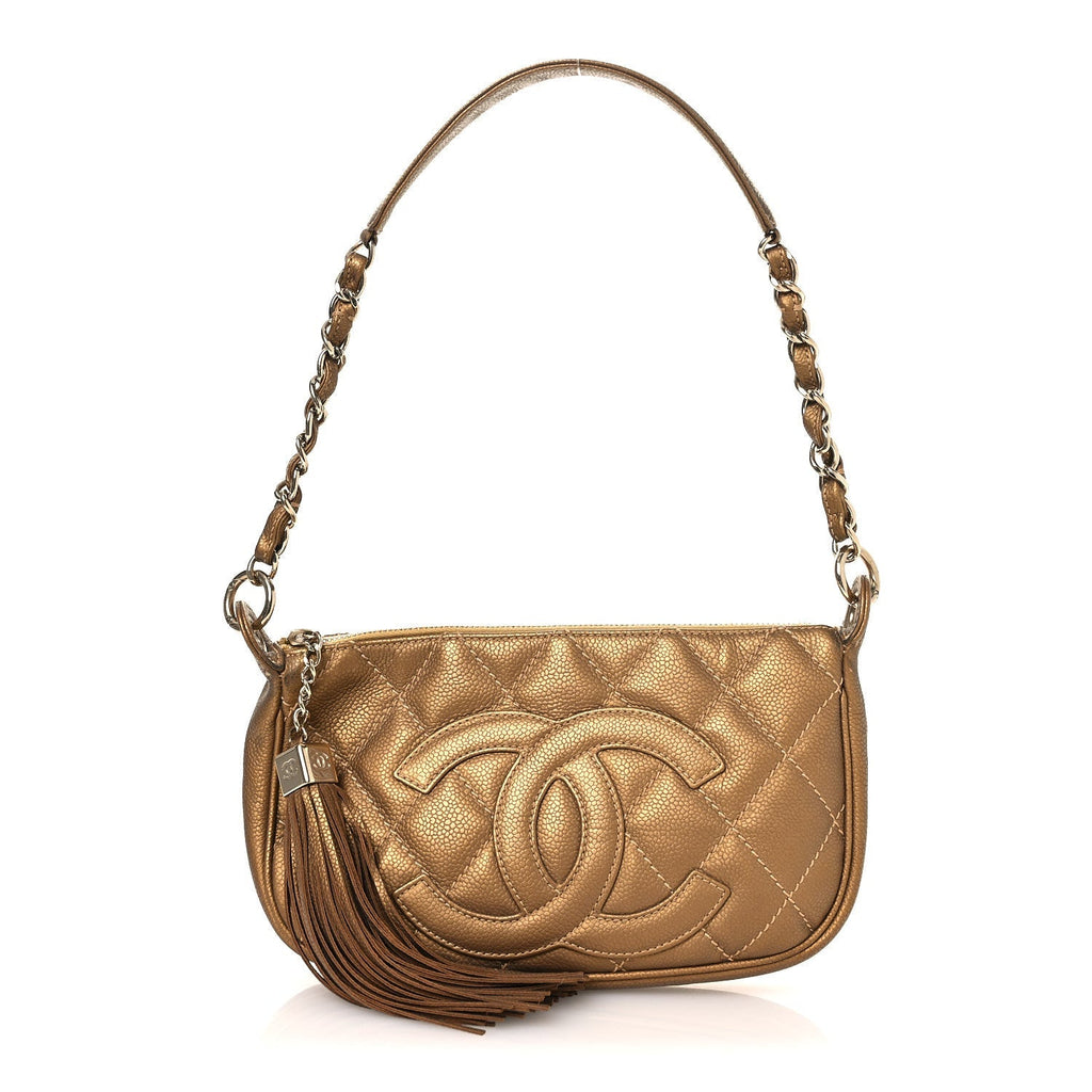 Metallic Caviar Quilted Timeless CC Shoulder Bag Gold