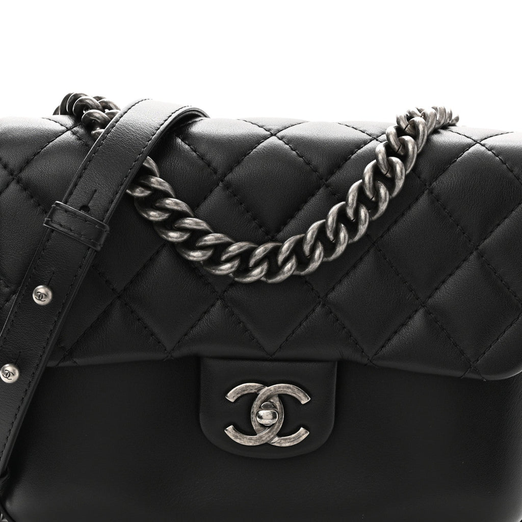 Calfskin Quilted Medium Rock My Shoulder Flap Black