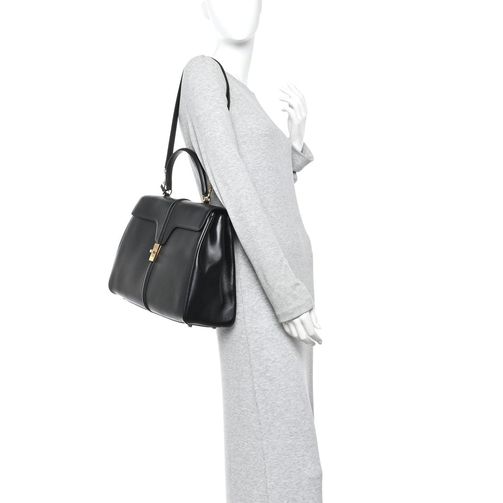 Satinated Calfskin Large 16 Top Handle Bag Black
