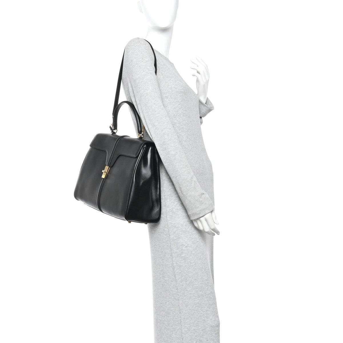 Satinated Calfskin Large 16 Top Handle Bag Black