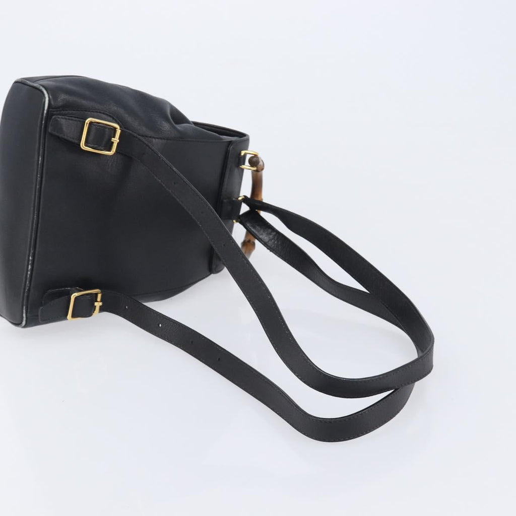GUCCI Bamboo Backpack Leather Black Gold Tone 003 2034 0030 Auth gh2404