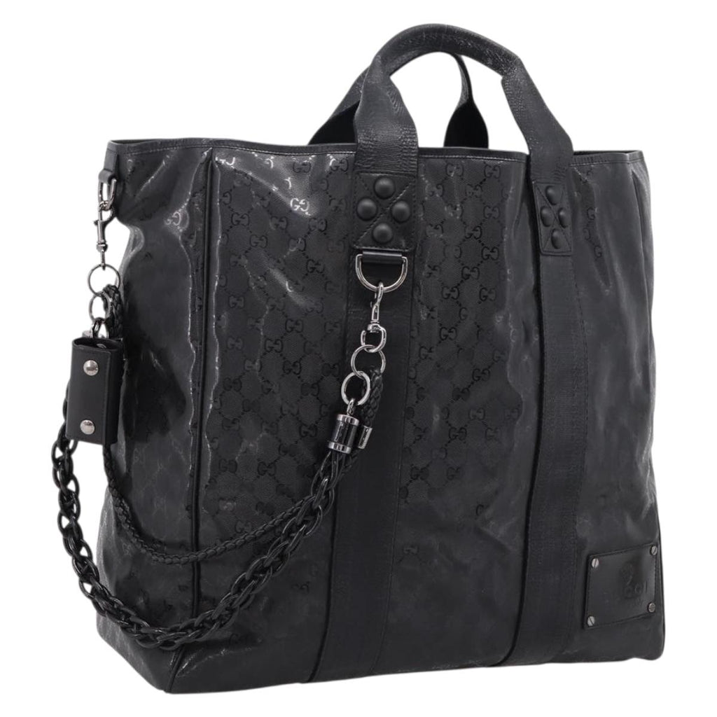 GUCCI GG Implementation Hand Bag PVC Leather Black Silver Auth hk4211A