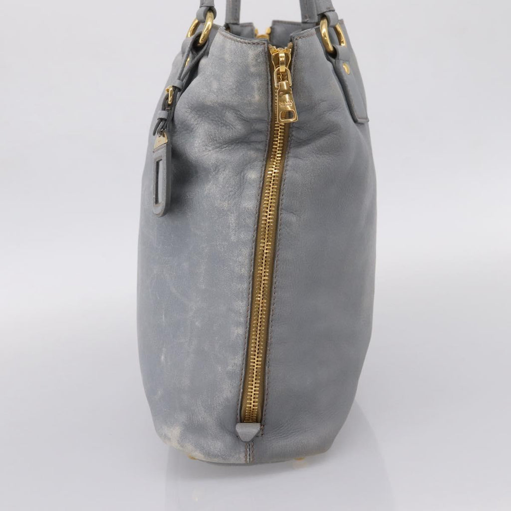 PRADA Tote Bag Leather Light Blue Gold Auth hk4228