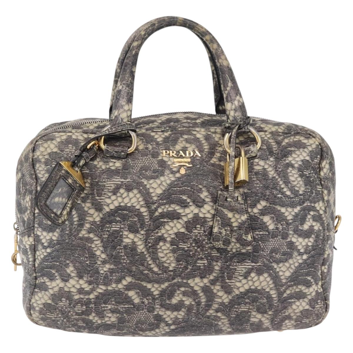 PRADA Hand Bag Leather Gray Gold Auth ka6590V