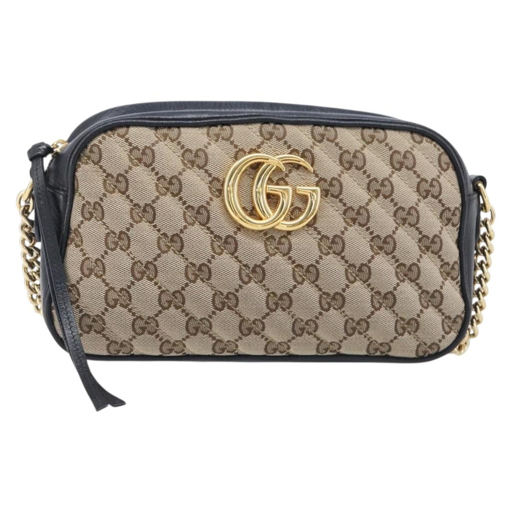 GUCCI GG Canvas GG Marmont Chain Shoulder Bag Black Gold 447632 Auth ka6623V