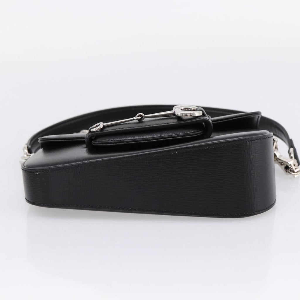GUCCI Horsebit Chain Hand Bag Leather 2way Black Silver 774209 Auth ka6716M