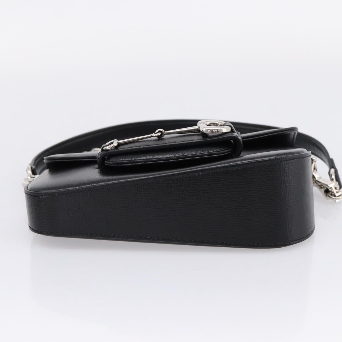 GUCCI Horsebit Chain Hand Bag Leather 2way Black Silver 774209 Auth ka6716M