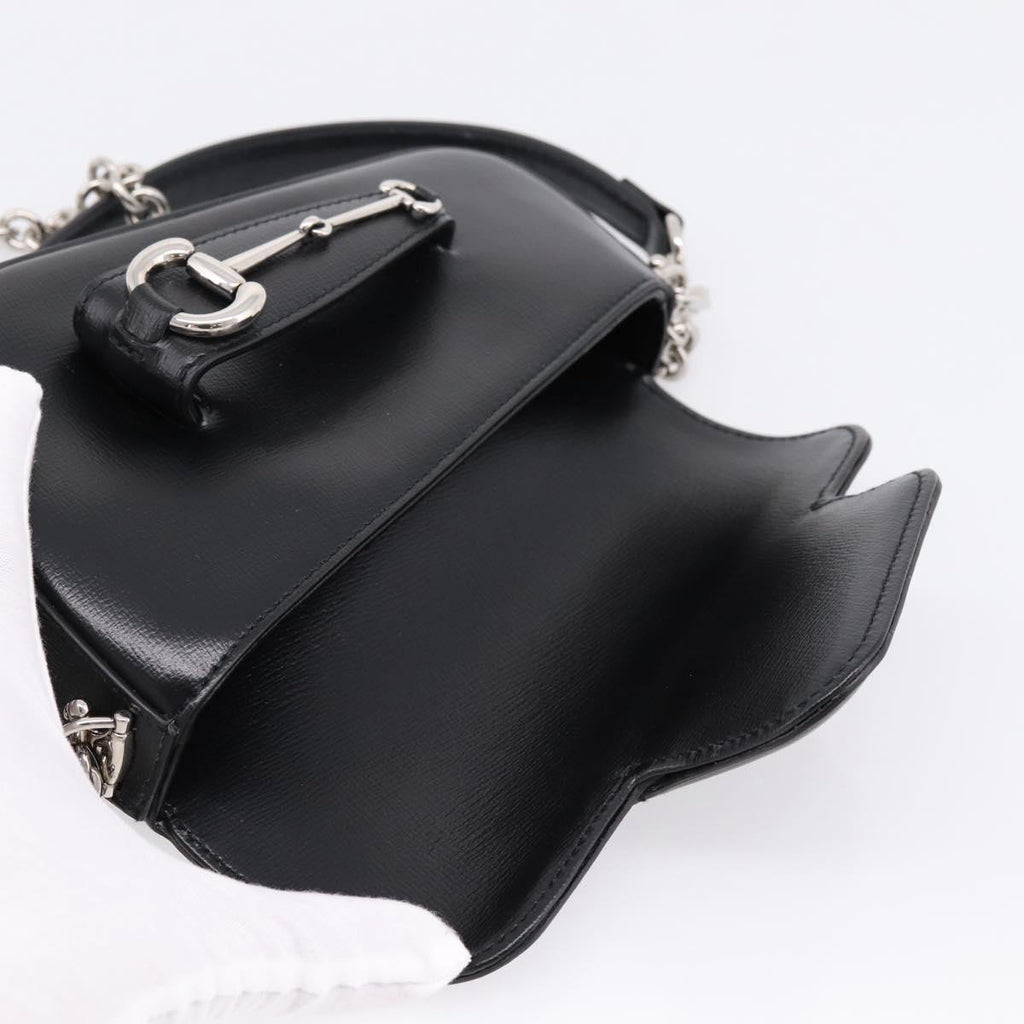 GUCCI Horsebit Chain Hand Bag Leather 2way Black Silver 774209 Auth ka6716M
