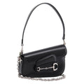 GUCCI Horsebit Chain Hand Bag Leather 2way Black Silver 774209 Auth ka6716M