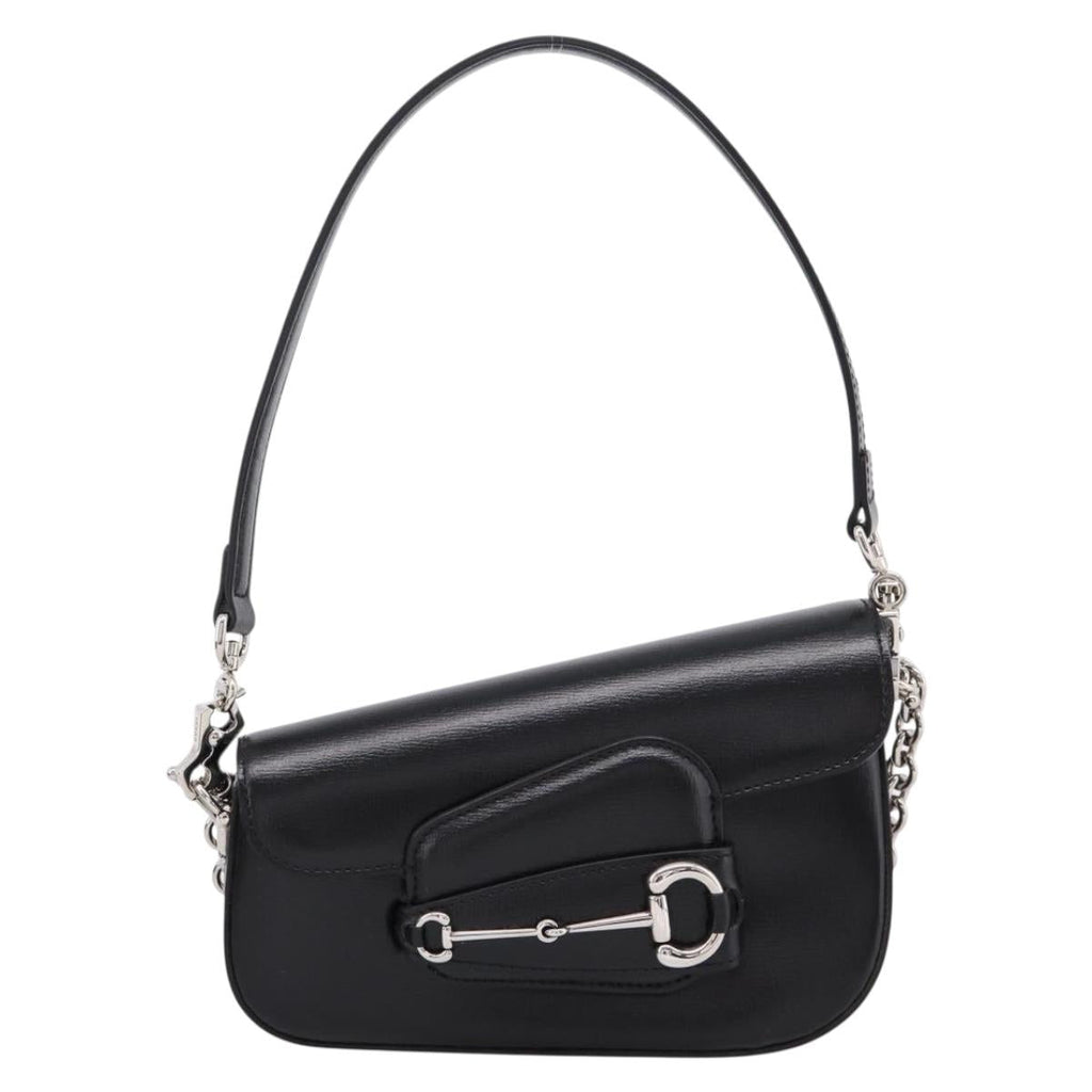 GUCCI Horsebit Chain Hand Bag Leather 2way Black Silver 774209 Auth ka6716M