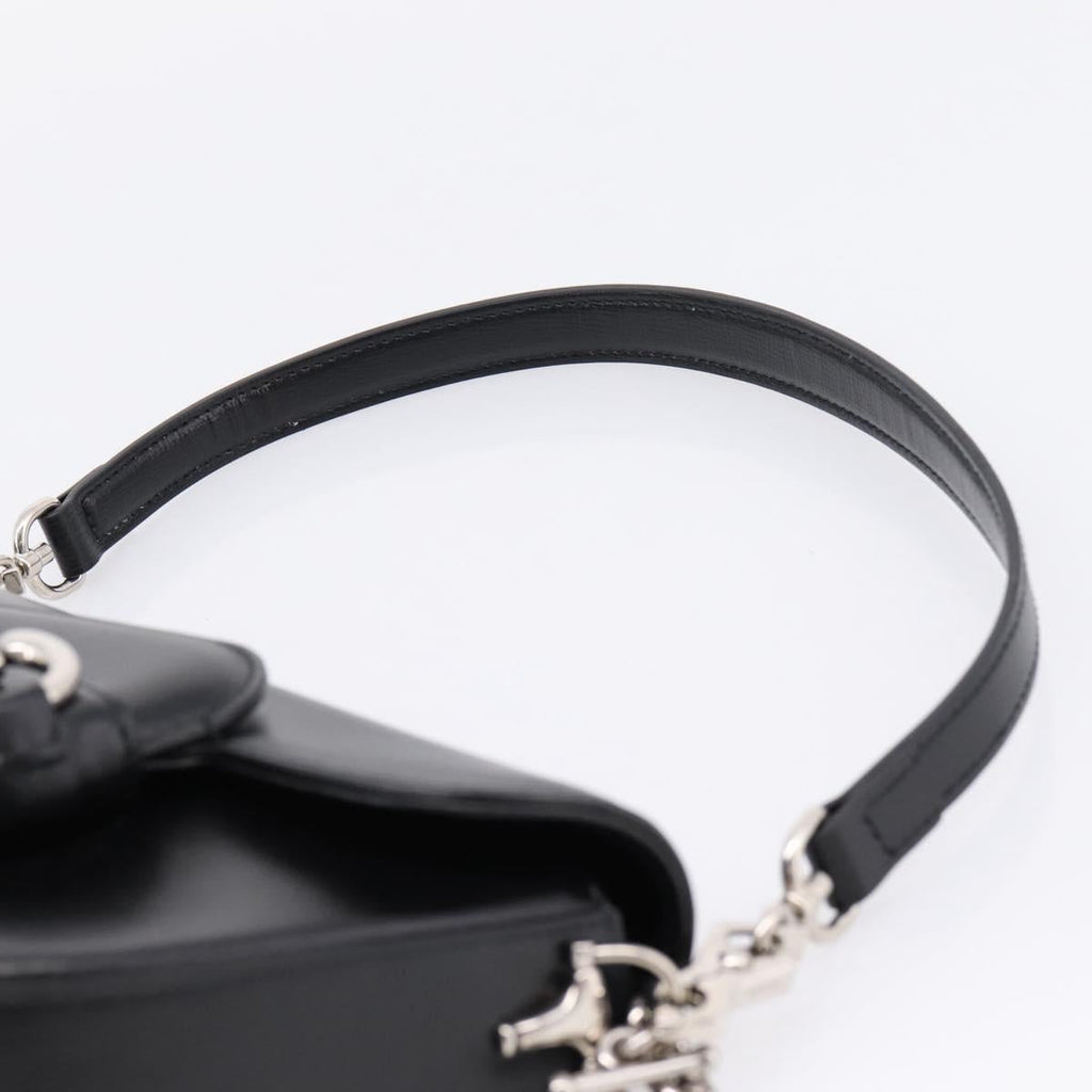 GUCCI Horsebit Chain Hand Bag Leather 2way Black Silver 774209 Auth ka6716M
