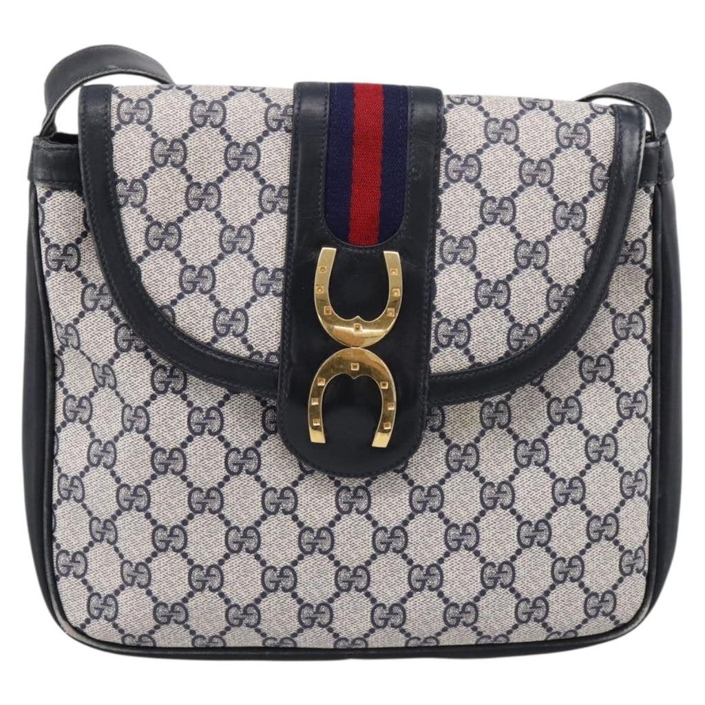 GUCCI GG Supreme Sherry Line Shoulder Bag PVC Navy Gold 30 001 1915 Auth ka6725