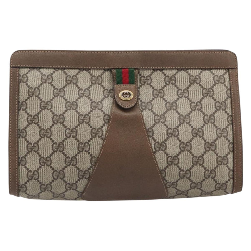 GUCCI GG Supreme Web Sherry Line Clutch Bag PVC Beige Gold 89 01 033 Auth ka6737