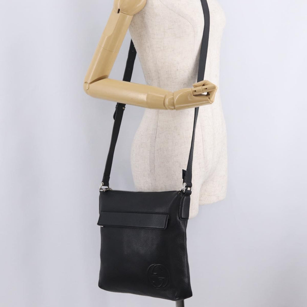 GUCCI Interlocking Shoulder Bag Leather Black Silver 322059 Auth ka6794V