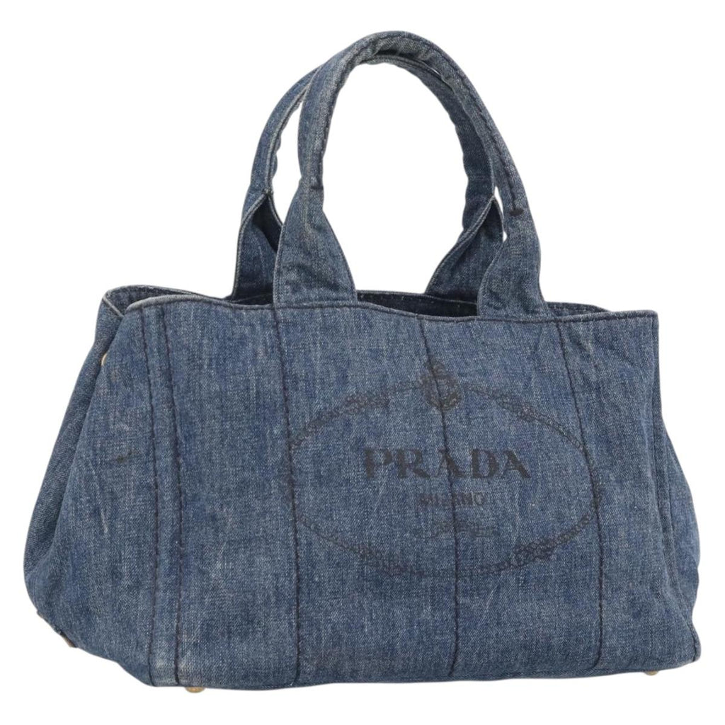 PRADA Canapa MM Hand Bag Denim Blue Gold Auth ka6817