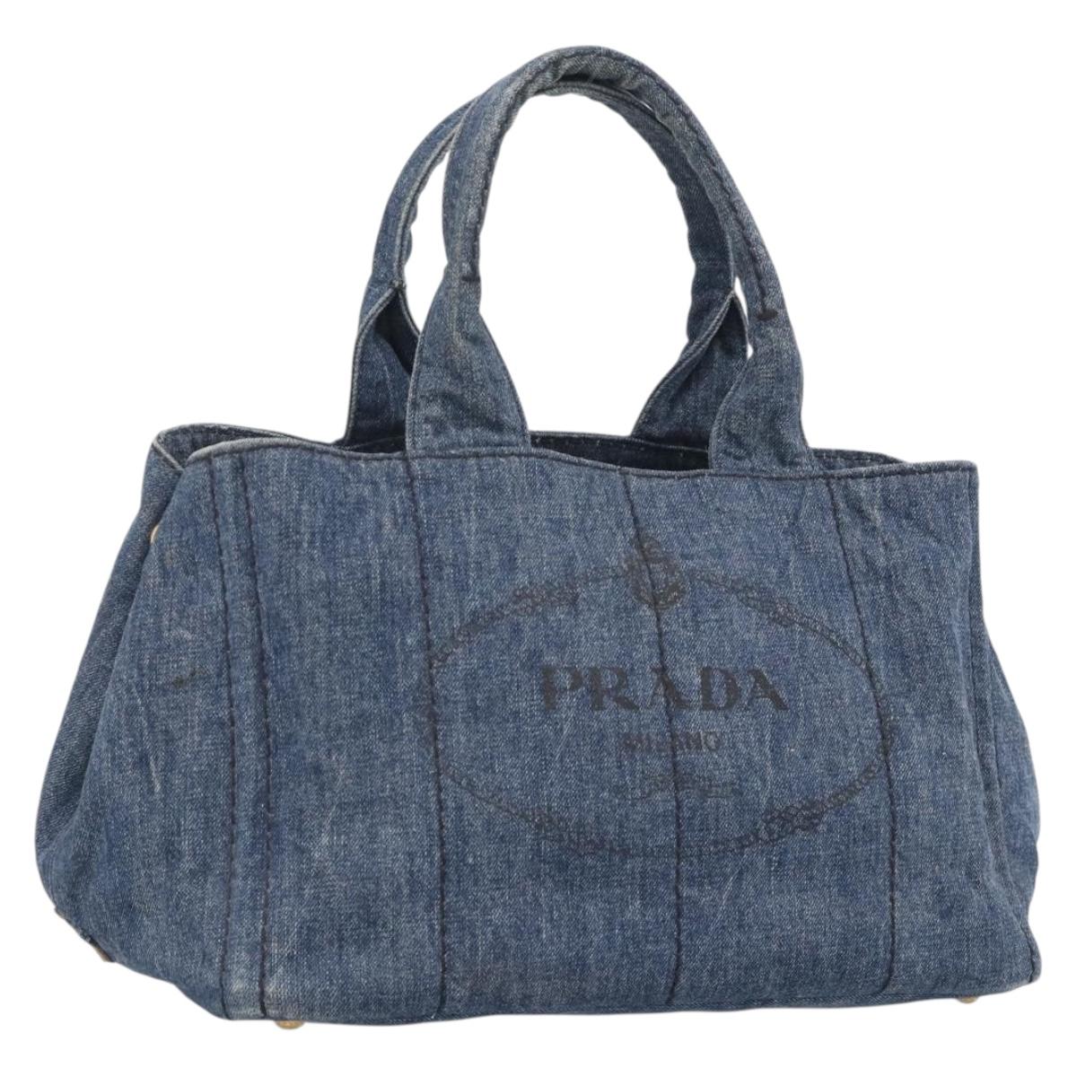 PRADA Canapa MM Hand Bag Denim Blue Gold Auth ka6817
