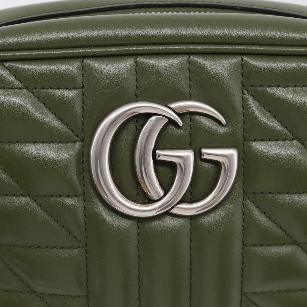 GUCCI GG Marmont Chain Shoulder Bag Leather Khaki Silver 447632 Auth ka6867V