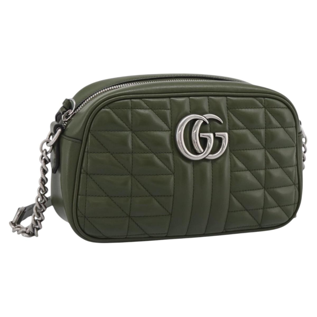 GUCCI GG Marmont Chain Shoulder Bag Leather Khaki Silver 447632 Auth ka6867V