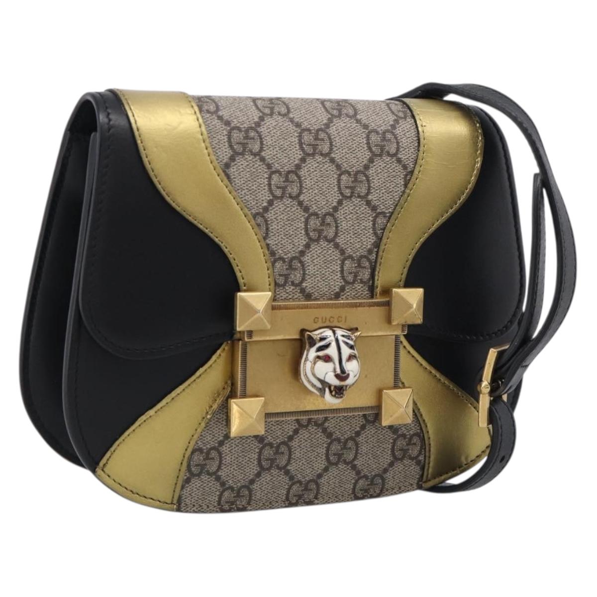 GUCCI GG Supreme Ojiride Bag Leather PVC Leather Beige Black 500781 Auth ka6900A