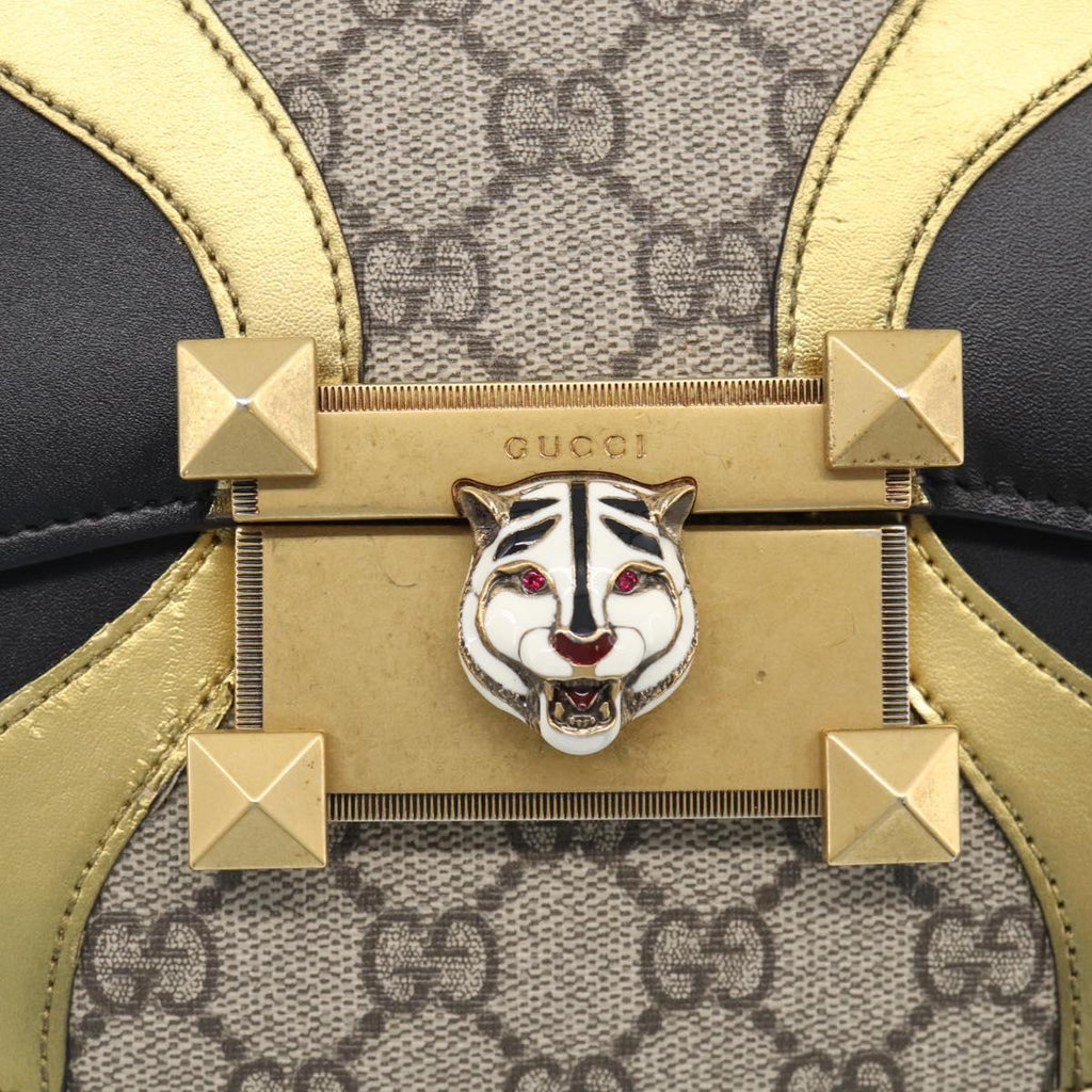 GUCCI GG Supreme Ojiride Bag Leather PVC Leather Beige Black 500781 Auth ka6900A