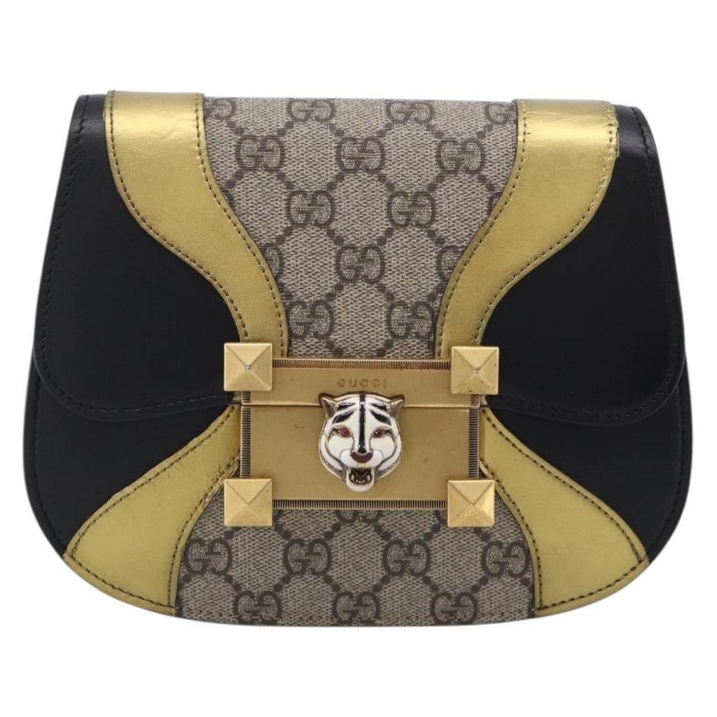 GUCCI GG Supreme Ojiride Bag Leather PVC Leather Beige Black 500781 Auth ka6900A