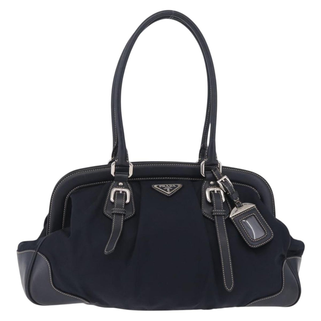 PRADA Boston Bag Nylon Navy Silver Auth ki6952V