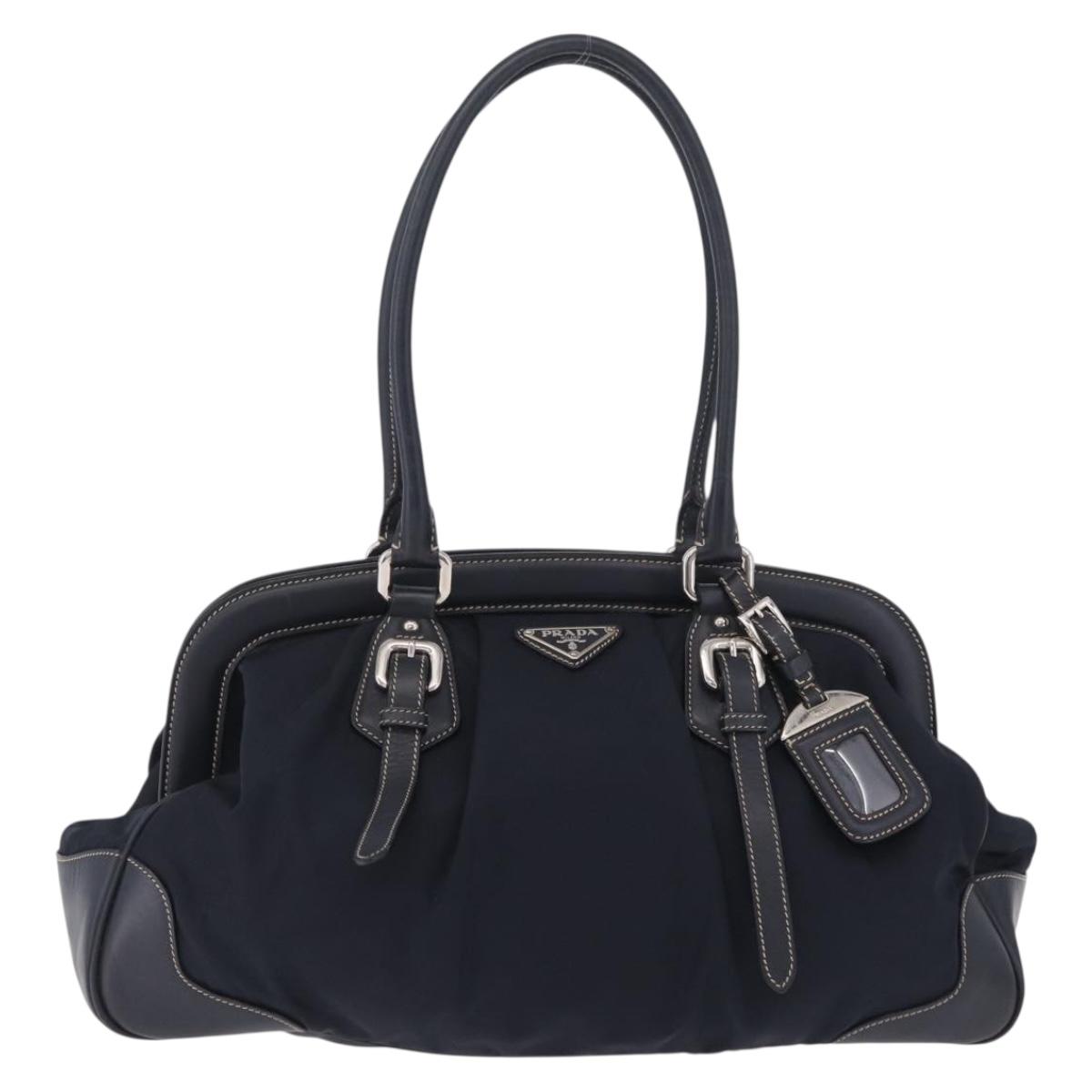 PRADA Boston Bag Nylon Navy Silver Auth ki6952V