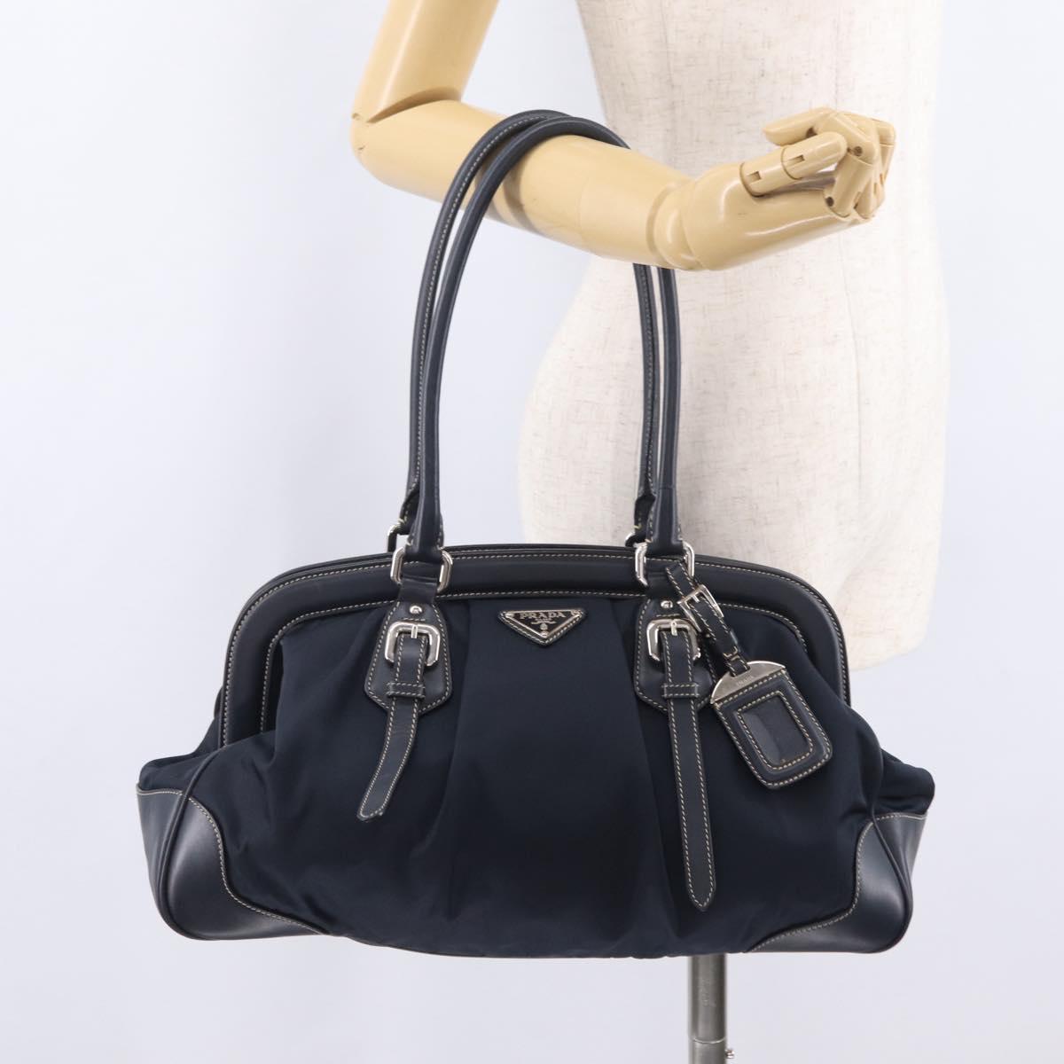 PRADA Boston Bag Nylon Navy Silver Auth ki6952V