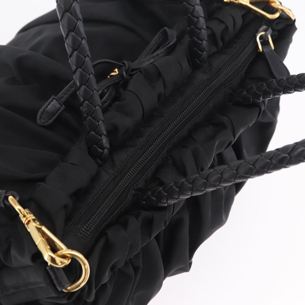 PRADA Tote Bag Nylon 2way Black Gold Tone Auth ki6955V