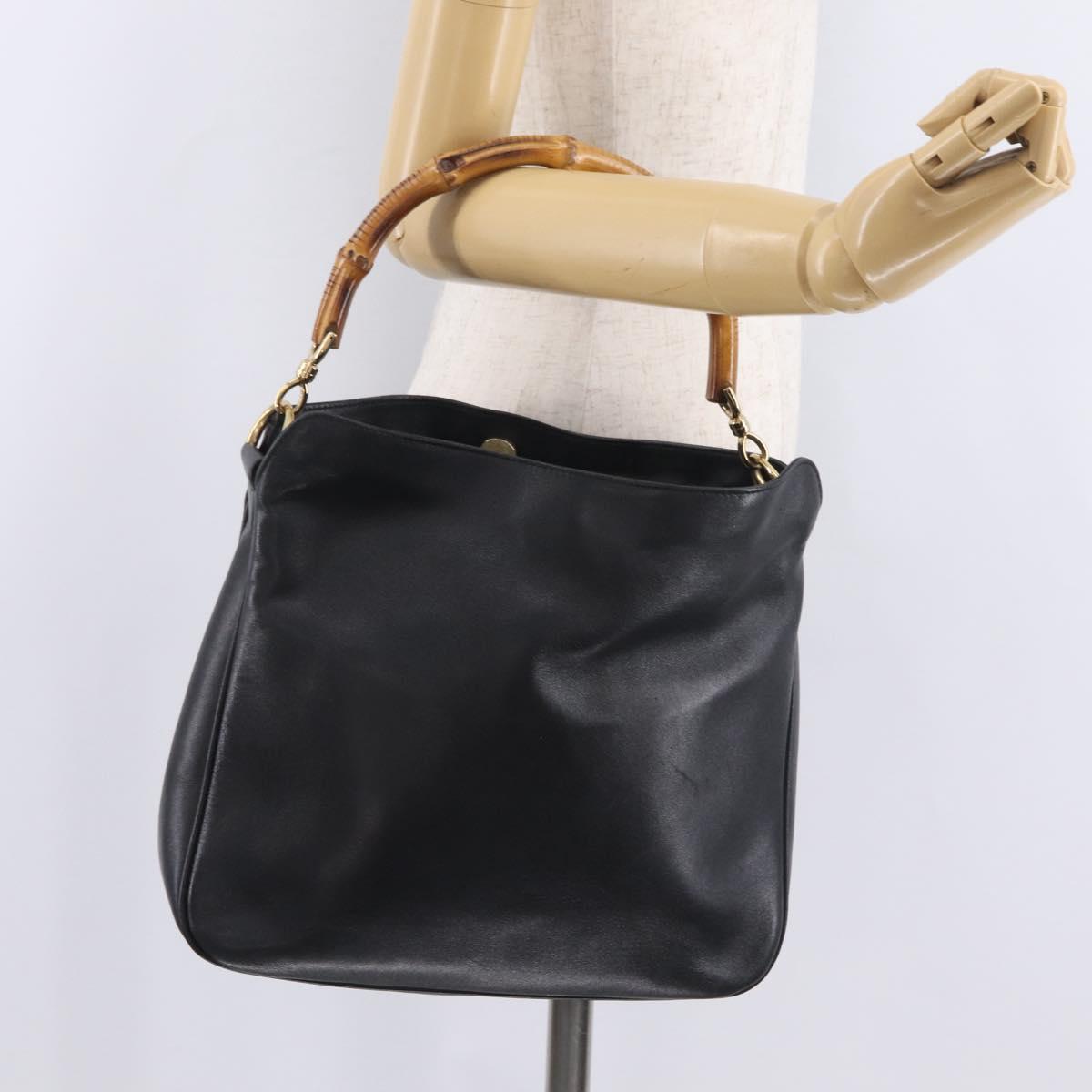GUCCI Bamboo Shoulder Bag Leather Black Gold Tone 001 1998 1638 Auth LN065