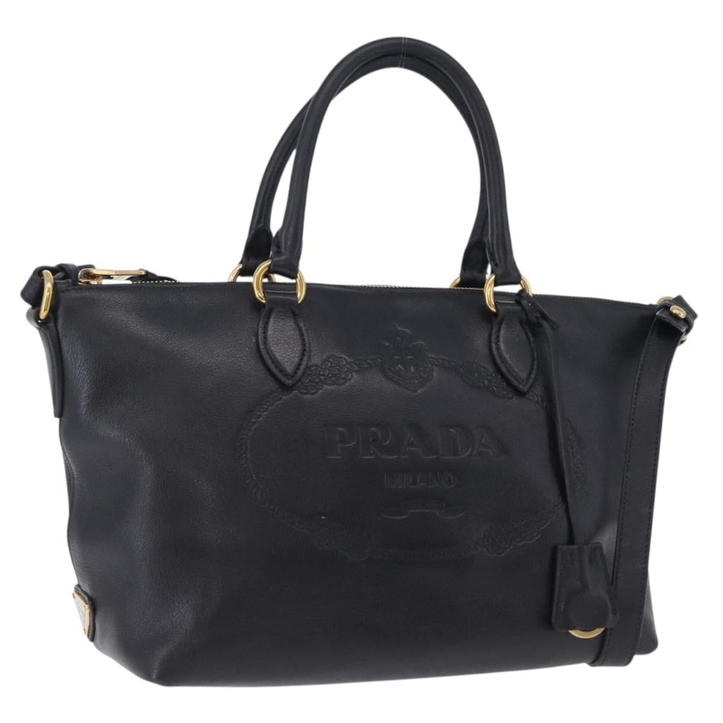 PRADA Hand Bag Leather 2way Black Gold Auth LN148V