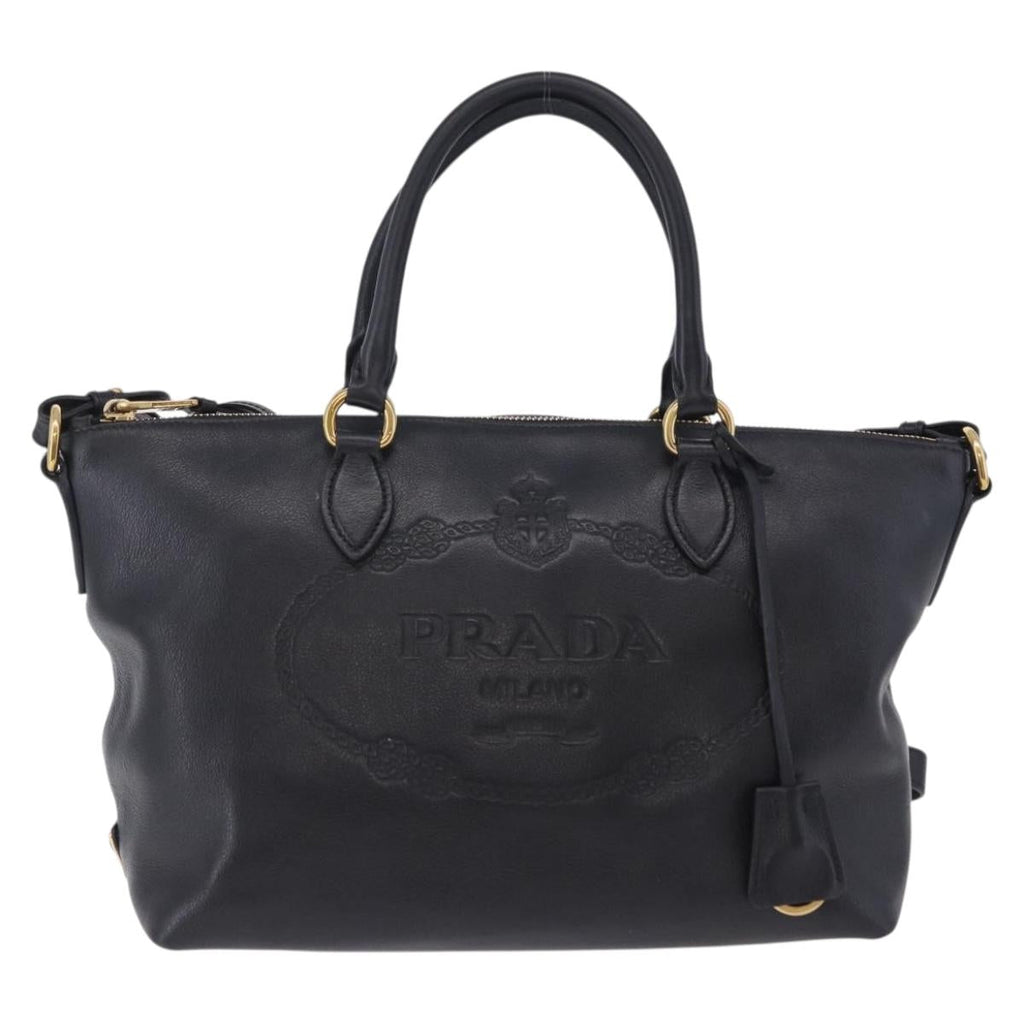 PRADA Hand Bag Leather 2way Black Gold Auth LN148V