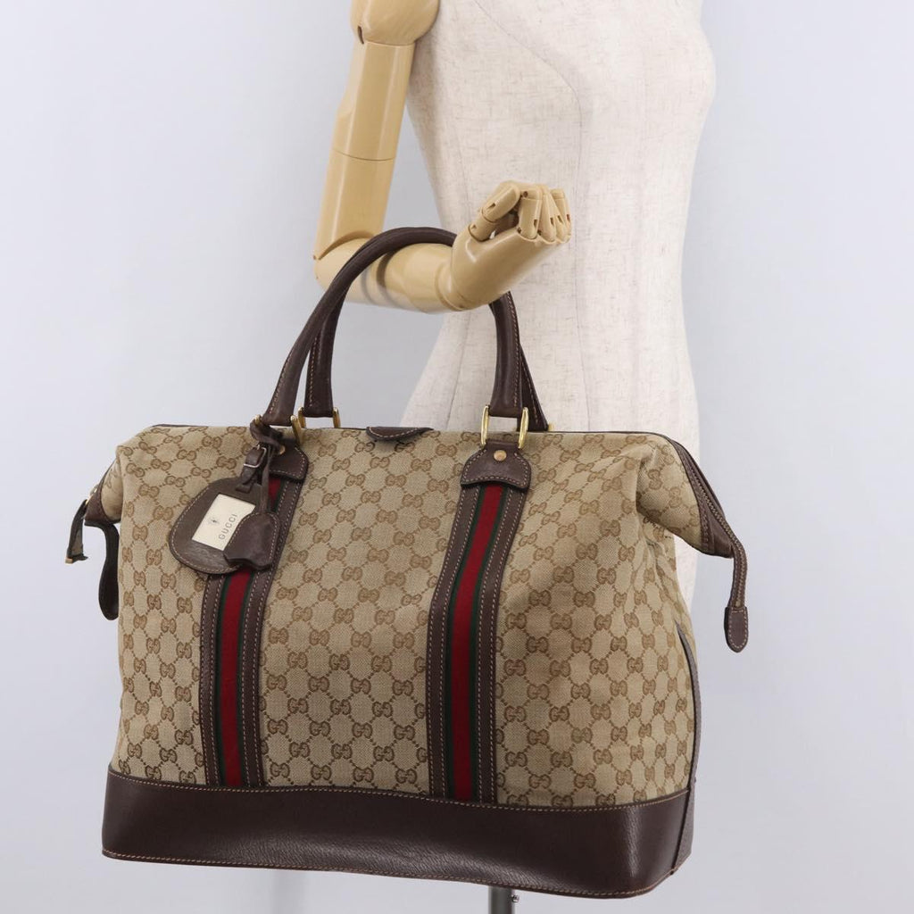 GUCCI GG Canvas Web Sherry Line Boston Bag Beige Gold Tone Auth mr3043