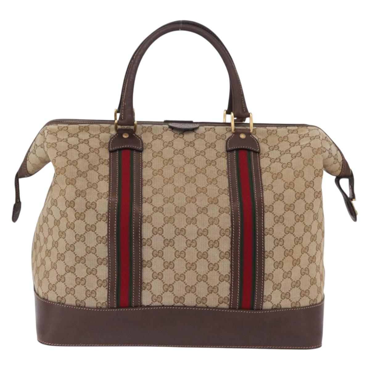 GUCCI GG Canvas Web Sherry Line Boston Bag Beige Gold Tone Auth mr3043