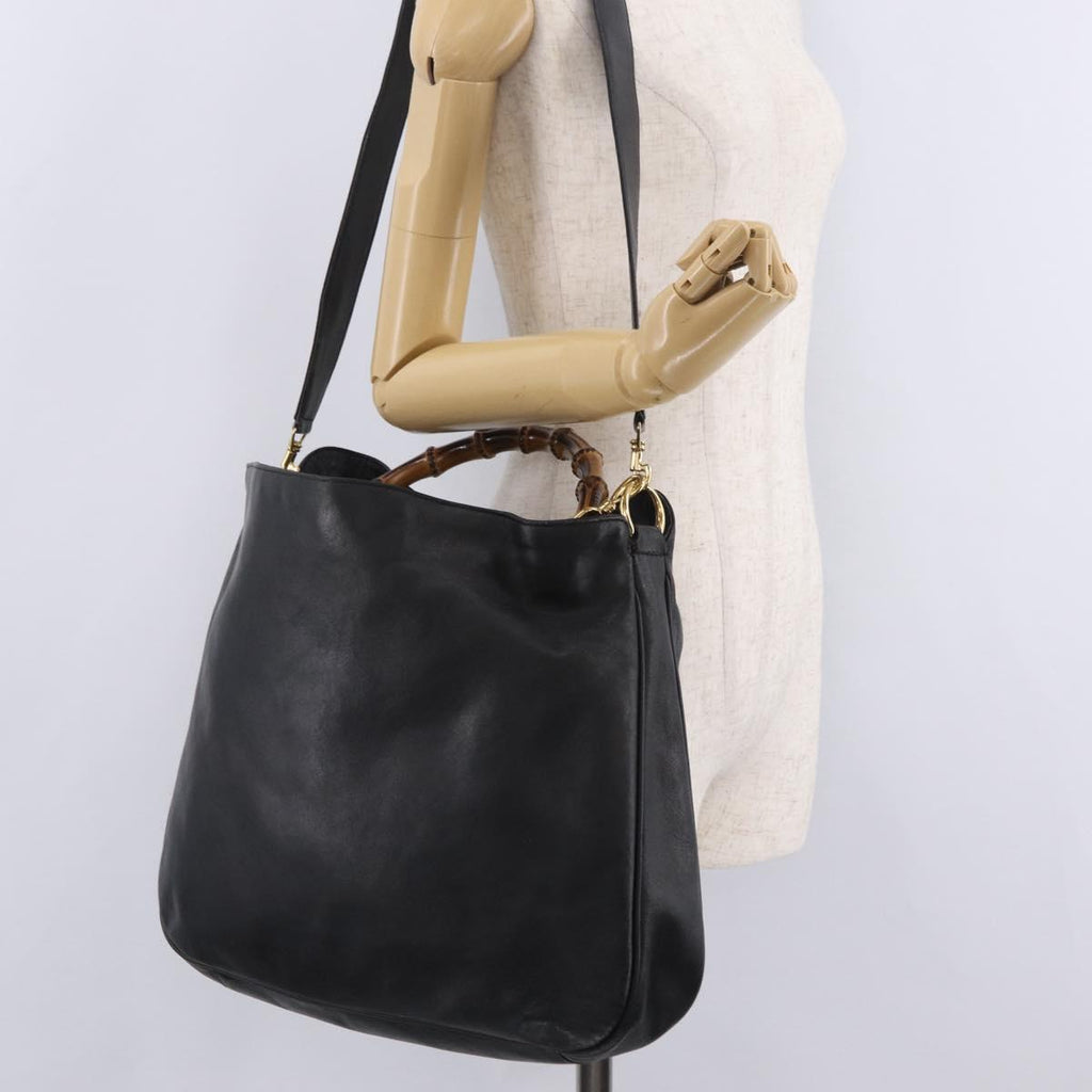 GUCCI Bamboo Hand Bag Leather Black Gold Tone 001 123 1577 Auth mr3072A