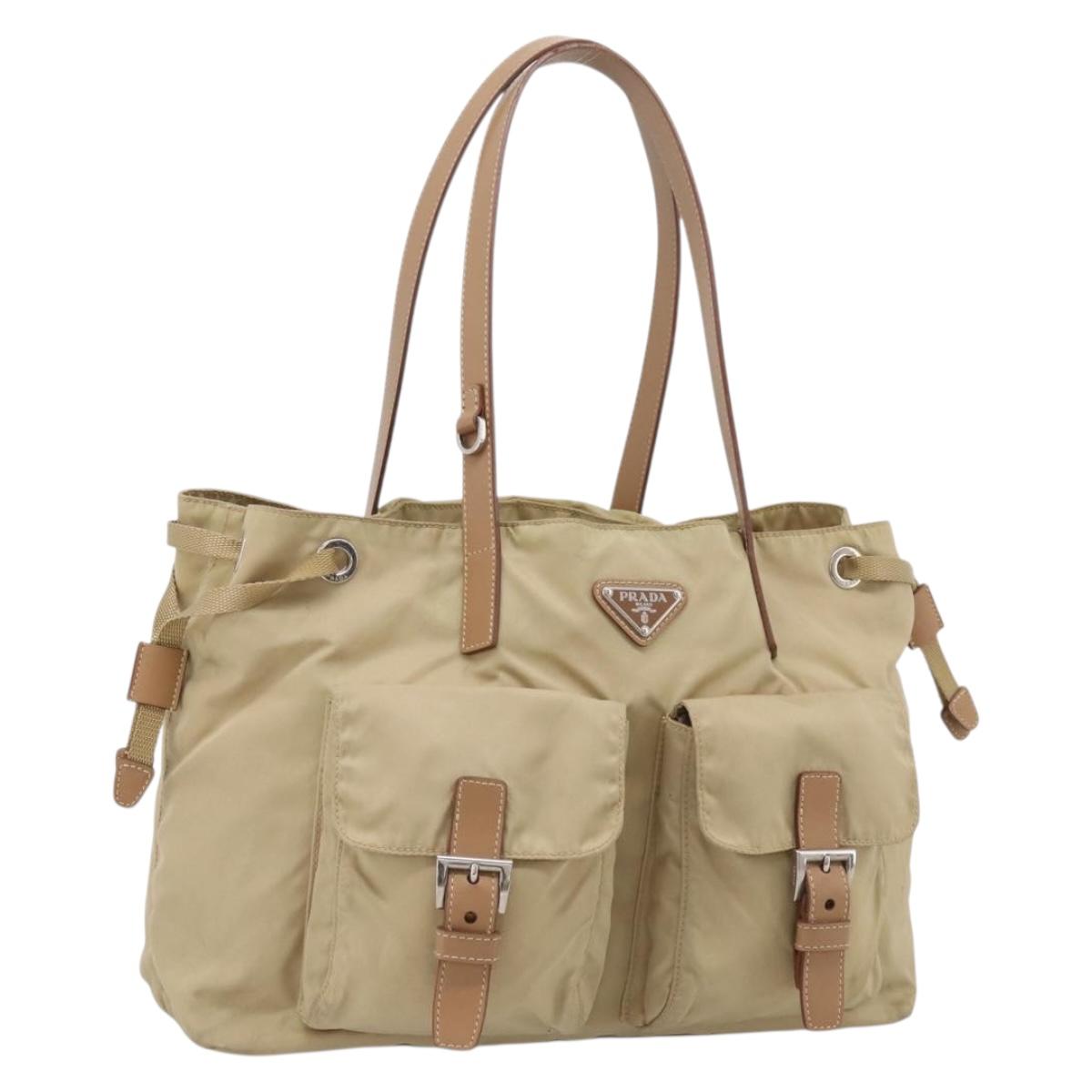 PRADA Tote Bag Nylon Beige Silver Auth mr3103A