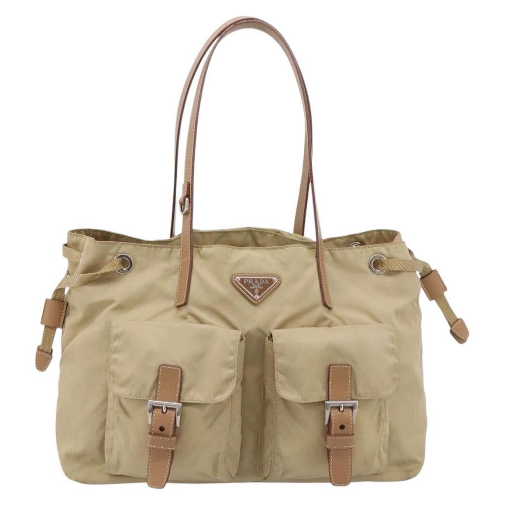 PRADA Tote Bag Nylon Beige Silver Auth mr3103A