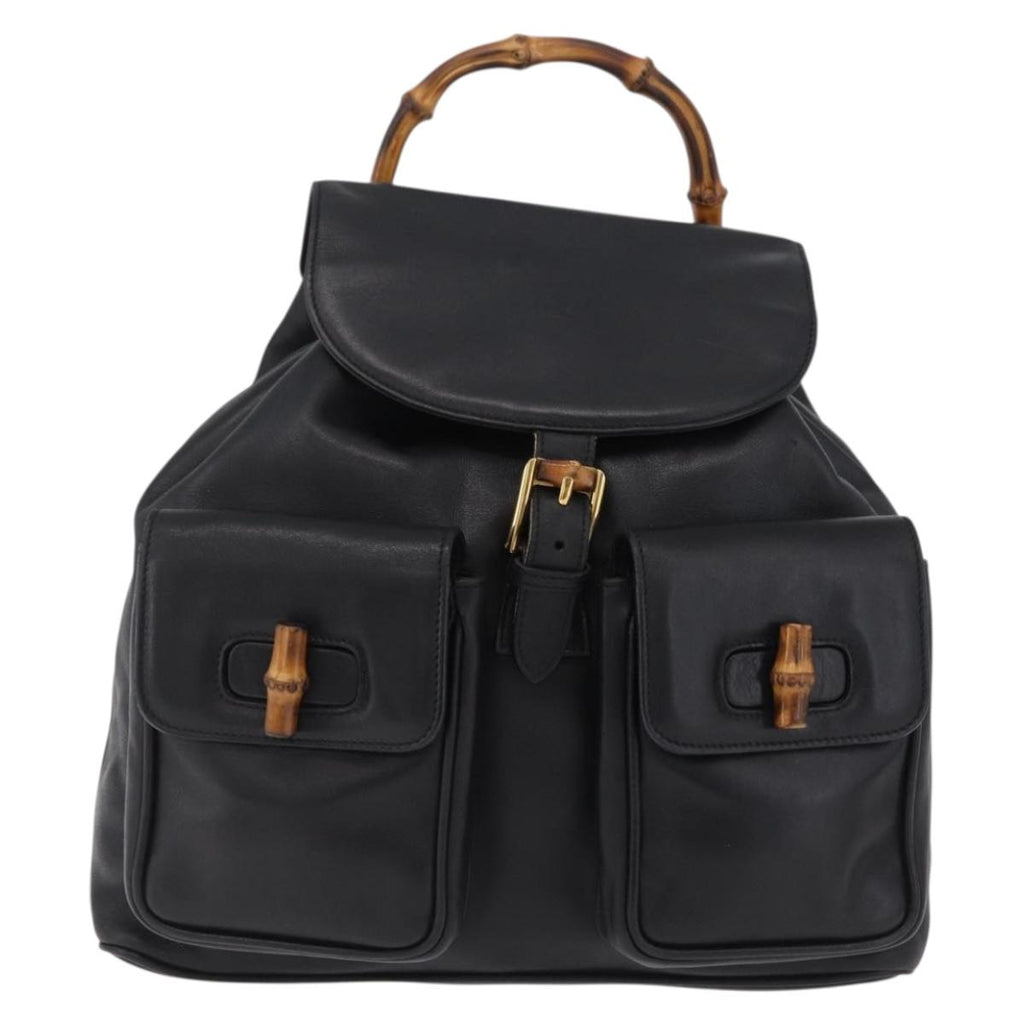 GUCCI Bamboo Backpack Leather Black Gold Tone 003 2058 0016 Auth mr3112