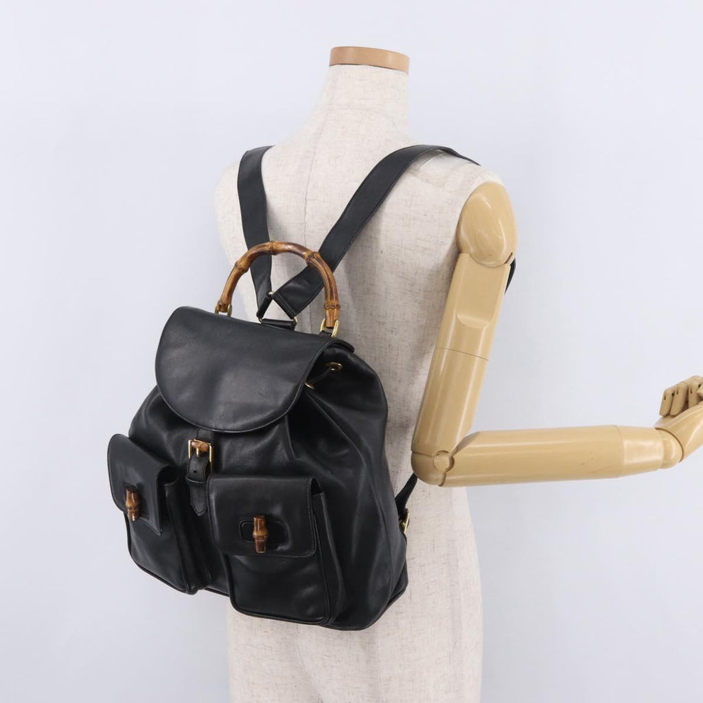 GUCCI Bamboo Backpack Leather Black Gold Tone 003 2058 0016 Auth mr3112