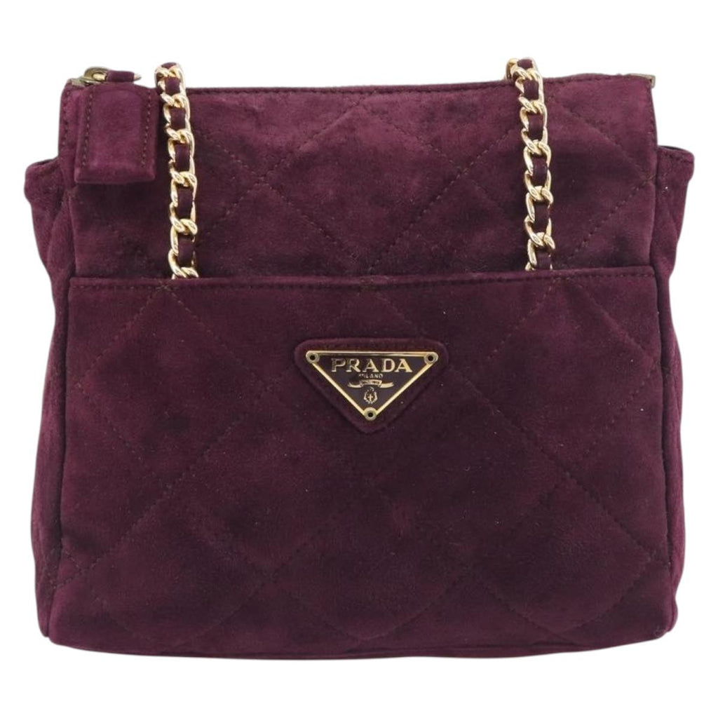 PRADA Quilted Chain Shoulder Bag Suede Bordeaux Gold Auth yk20855A