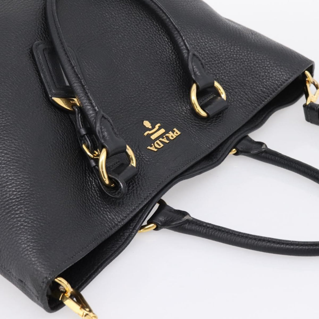 PRADA Tote Bag Leather 2way Black Gold Auth yk21027V